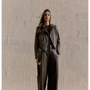 New zara dark brown FAUX LEATHER BIKER JACKET size S